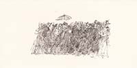 Lustige Gesellschaft mit Schirm, Zeichnung, Feder, laviert, 12.7.1997, 14 x 8 cm
