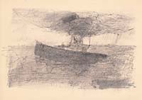 Untergang eines Schiffs, Zeichnung, Feder, laviert, 2.8.1991, 19,5 x 12,5 cm