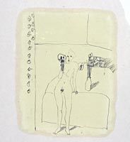 Figur, vor Bett mit Maske, Strichzeichnung, Bleistift, 1982, 4.11.82, 13,5 x 18 cm