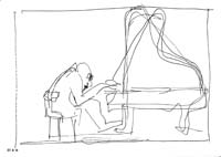 Glenn Gould am Klavier, Strichzeichnung, 27.7.1986, 30 x 21 cm