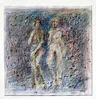 Zwei Figuren, stehend, Zeichnung, Fettkreide, 1991, 04-91-10, 16,5 x 16,5 cm